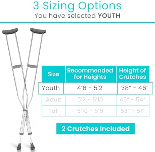 Vive Crutches for Kids - Pair of Adjustable, Lightweight, Aluminum Walking Crutches - Accessories Fits Heights- 3 Sizes for Youth, Adults, Tall People - Supports Up to 300 Pounds (Youth)