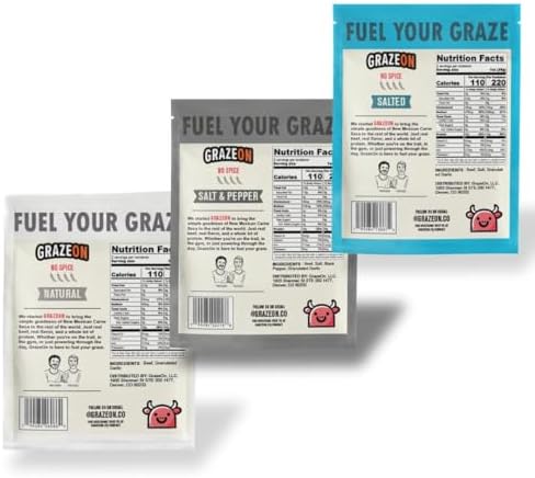 GrazeOn Beef Jerky Crisps Variety Pack - High Protein, No Sugar, Crunchy Air-Dried Meat Snack, All-Natural, Low Carb, Keto, Paleo, Whole30, Protein Pack Jerky Sampler with Salt, Salt and Pepper, Natural - 2.0 oz (Pack of 3)