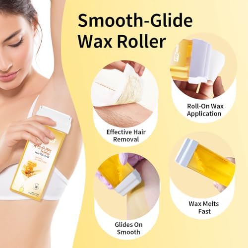 Waxfans Roll On Wax Refill,Waxing Roller Refill for Hair Removal,100% Natural,Quick Melting - For Coarse and Fine Hairs.with 3.53 Ounce(Pack of 4) Honey Wax Rollers, 50 Strips（Yellow)