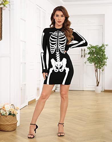 HDE Women's Skeleton Dress Spooky Long Sleeve Bones Mini Dress Halloween Party Costume Fitted Stretchy Bodycon with Half Zip