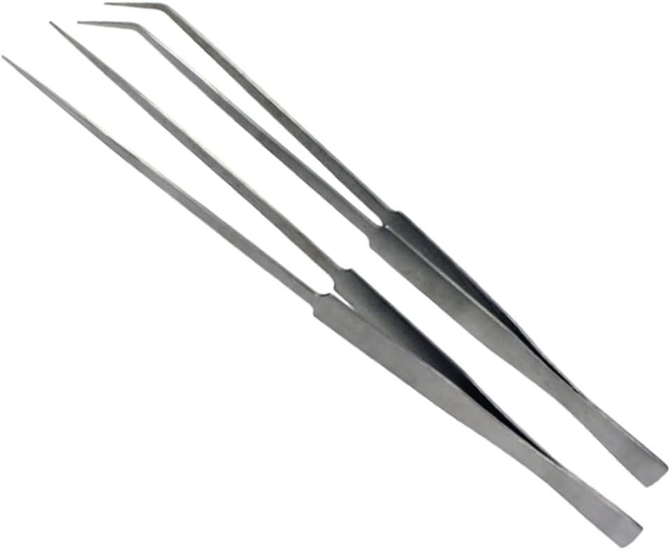 SE Stainless Steel 12-Inch Tweezers Set (2 PC.) - Straight and Angled Tips, Fine Point, Ideal for Crafts, Jewelry, Watch Repair - TW2-403