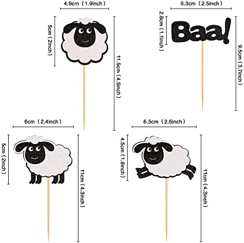 Ercadio 24 Pack Sheep Cupcake toppers Black Glitter Farm Animals Cupcake Picks Sheep Baa Cupcake Decors Sheep Theme Baby Shower Birthday Party Supplies