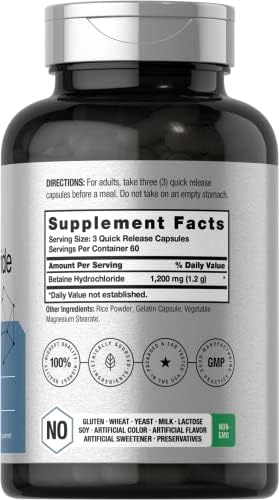 Horbäach Betaine HCl 1200mg | 180 Capsules | Betaine Hydrochloride Supplement | Non-GMO, Gluten Free