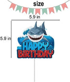 Shark Cake Topper for Boys Girls Happy Birthday Baby Shower Shark Fin Ocean Theme Party Supplies Decoration Blue Glitter Under the Sea Shark Cake Decorations