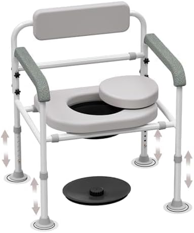 Adjustable Medical Bedside Commode Chair with Padded Backrest, Drop Arm Support, Height Adjustable White
