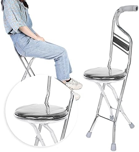 Walking Cane Stool Stainless Steel Four Leg Thickening Walking Hand Stick Stool for Men Women Elderly Seniors, Folding Walking Stick with Seat Foldable Stick Cane and Stool (Black)