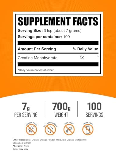 BulkSupplements.com Creatine Monohydrate Powder - Creatine Flavored Powder Supplement, Micronized - Orange Smash Flavor, 7g per Serving, 700g (1.5 lbs) (Pack of 1)