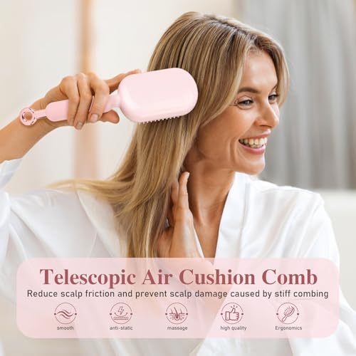 Self Cleaning Hair Brush, Retractable Cushion Massage Comb Brush, Air Cushion Comb, One-pull Clean Anti Static Brushs, Anti-tangle for All Hairs Types (Pink)