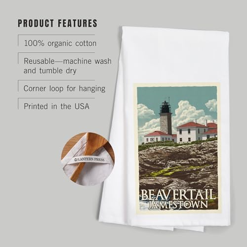 Jamestown, Rhode Island, Letterpress, Beavertail Lighthouse (100% Cotton Tea Towel, Decorative Hand Towel, for Kitchen and Home)