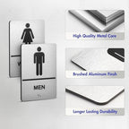 Bathroom Signs, Men's & Women's Restroom Signs for Business, Brushed Aluminum ADA Raised Braille Restroom & Bathroom Door Sign with Strong Self-Adhesive, Silver Size 9'' X 6 '' （2 Pieces Set）