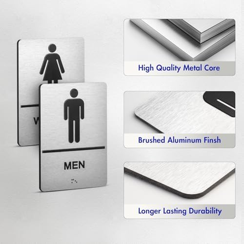 Bathroom Signs, Men's & Women's Restroom Signs for Business, Brushed Aluminum ADA Raised Braille Restroom & Bathroom Door Sign with Strong Self-Adhesive, Silver Size 9'' X 6 '' （2 Pieces Set）