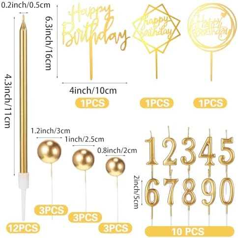Yerliker 34 Pcs Happy Birthday Cake Toppers Decorations Birthday Candles DIY Cake Decor for Men Women Wedding Anniversary(Gold)