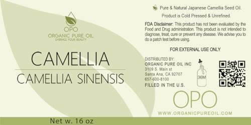Japanese Camellia Seed Oil - Pure, Cold Pressed, Unrefined, Extra Virgin, 16 OZ Skin, Body, Hair Care Perfect for Face, Nails, & More by Organic Pure Oil