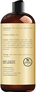 Handcraft Blends Sweet Almond Oil | 100% Pure and Natural | Bath & Body Oil | Premium Grade Carrier Oil | Skin | Hair | Body | Massage | Hexane-Free | 16 Fl Oz
