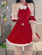 Women's Costume Mrs. Claus Santa Christmas Outfits Sexy Lady Cosplay Halter Backless Mini Dress