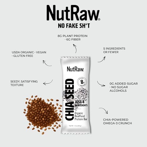 NutRaw Organic Chia Seed Bar, 12 Pack (1.4 oz) – Vegan Protein Bar with 8g Plant Protein & 6g Fiber – Clean Ingredient Chia Snack Bar, Gluten Free, No Added Sugar