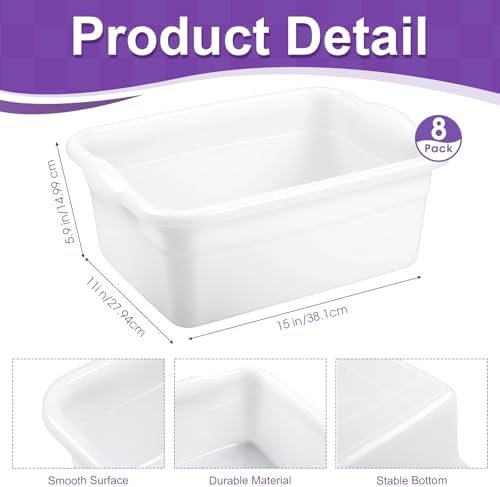 Honeydak 3 Pack Dish Pans for Kitchen Sink, 12 Quart Plastic Wash Basins Tub and Foot Bath for Soaking Feet, Rectangular White Wash Bucket for Washing Storage Cleaning Hospital Laundry Supplies