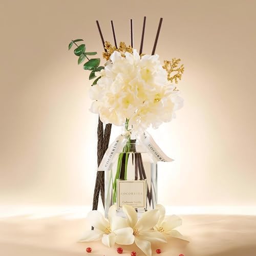COCORRÍNA Reed Diffuser - Cashmere Vanilla 8.5 Fl.oz Flower Reed Diffuser with Sticks, Bedroom Bathroom Shelf Decor (Floral Basket Collection)