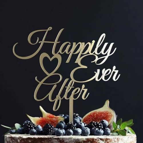 Happily Ever After Cake Topper-Acrylic Gold Wedding Cake Decorations for Wedding,Engagement,Bridal Shower,Vow Renewal,Anniversary Party Decoration Supplies