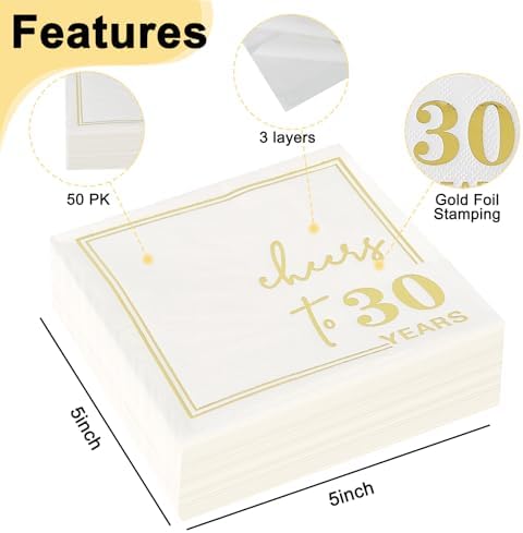 Ottin White Gold Cheers to 30 Years Cocktail Paper Napkins, 5x5 Inches, 50 Counts, 3-Ply Disposable Party Napkins for 30th Birthdays Decorations, Anniversaries, Weddings, Indoor & Outdoor Celebrations