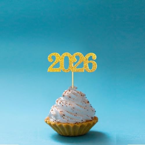 24 Pack 2026 Gold Cupcake Toppers, Glitter 2026 Food Cake Picks Decoration for New Year Birthday Wedding Graduation Party Dessert Decoration