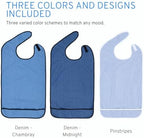 Modaliv Adult Bibs 3-Pack – Waterproof Reusable Eating Bibs with Crumb Catcher Pocket, Machine Washable Clothing Protectors for Seniors, Elderly & Disabled (Denim & Stripes)
