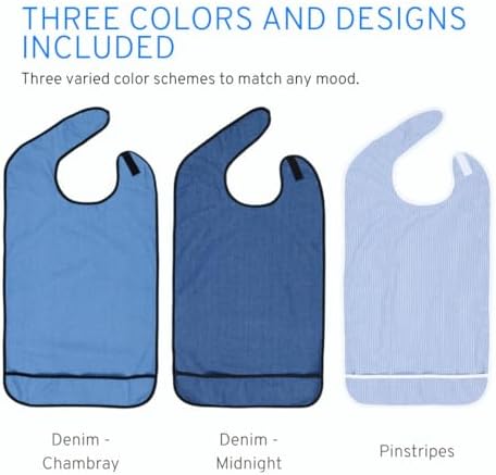 Modaliv Adult Bibs 3-Pack – Waterproof Reusable Eating Bibs with Crumb Catcher Pocket, Machine Washable Clothing Protectors for Seniors, Elderly & Disabled (Denim & Stripes)