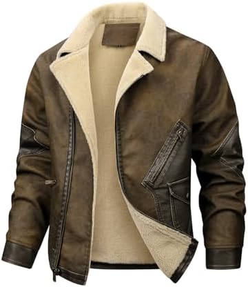HOOD CREW Men’s Faux Leather Motorcycle Bomber Jacket Windproof Winter Coat Jackets with Shearling Lining