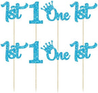 24Pcs 1st Birthday Cupcake Toppers Glitter First Birthday Cake Decorations One Cupcake Picks for Kids Baby Shower 1st Birthday Party Cake Decorations Supplies Blue