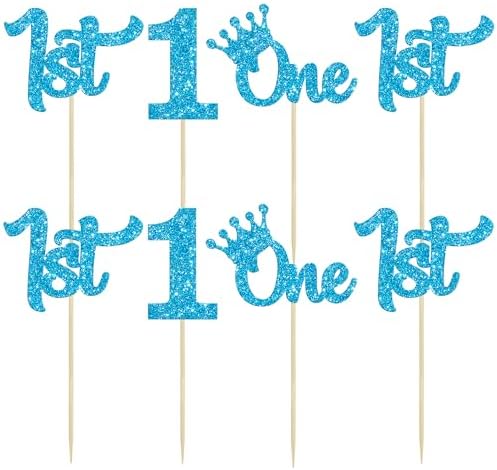 24Pcs 1st Birthday Cupcake Toppers Glitter First Birthday Cake Decorations One Cupcake Picks for Kids Baby Shower 1st Birthday Party Cake Decorations Supplies Blue