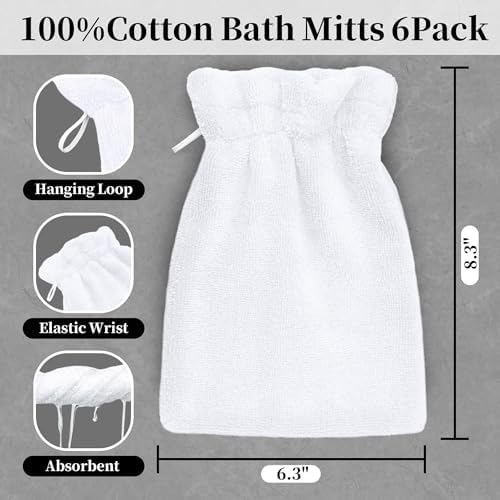 VOOVA & MOVAS White Exfoliating Washcloth 6PC, 8.3"x6.3" - 100% Cotton, Soft Absorbent Body Shower Glove Washcloth with Hanging Loop, Wash Mitts for Body