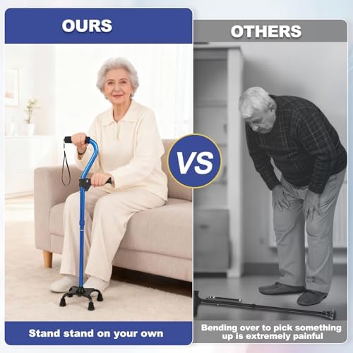 Stand Assist Aid for Elderly - 4-Pronged Stability Cane with Adjustable Foldable Design & Rise Assistance Grip to Reduce Strain When Standing Up