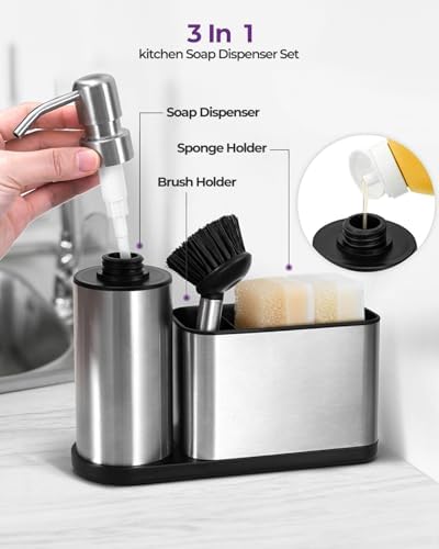 ODesign Kitchen Soap Dispenser Set - 3 in 1, Stainless Steel Dish Soap Dispenser with Sponge Holder, Dish Brush & Brush Holder, Kitchen Sink Caddy Organizer for Countertop - Rustproof, Non-Slip