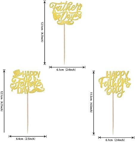 24 Pack Happy Father's Day Cupcake Toppers with Glitter Best Dad Cupcake Picks Love Dad Moustache Hat Cake Decorations for Father's Day Theme Men Birthday Party Supplies Gold