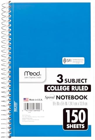 Mead® Wirebound Notebook, 6" x 9 1/2", 3 Subject, College Ruled, 300 Pages (150 Sheets), Assorted Colors