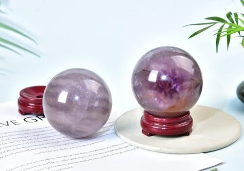 Natural Mica Fluorite Ball Quartz Crystal Sphere Gemstone Orb Stone Ball with Wooden Base