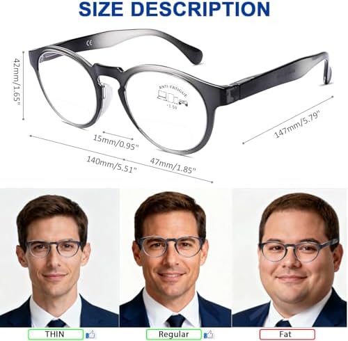 AQWANO Bifocal Reading Glasses Blue Light Blocking for Men Women - Ultra-Thin Comfort Quality Stylish Retro Small Round Computer Bifocal Readers, 1.5