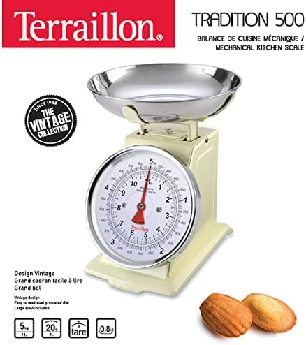 TERRAILLON Vintage Kitchen Scales – Manual Tare – Large Dial and Bowl 1 L, Load 5 kg – Model 'Tradition 500' Cream