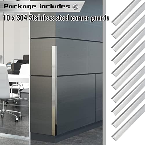 Therwen 10 Pcs 304 Stainless Steel Wall Corner Guards 2 x 2 x 36 Inch Self Adhesive Heavy Duty Corner Protector Trim with 90 Degree Angle for Wall Protection Metal Edge Guard