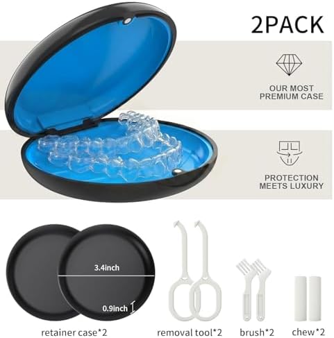 2 Pack Retainer Case, Compatible with Invisalign, Slim Aligner Case with Removal Tool, Aligner Seaters & Brush, Pocket Size Secure Magnetic Closure for Travel - Black