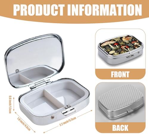 Pill Box-2 Compartment Small Pill Case Square Organizer Case with Mirror Portable Metal Medicine Box Travel Container for Pocket & Purse Women Men(Mushroom)