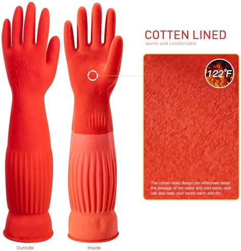 ThxToms Rubber Dishwashing Cleaning Gloves (2-Pair) - Soft Fleece Lining, Reusable, Waterproof with Extra-Long Cuff & Non-Slip Grip for Household & Kitchen Use - Medium