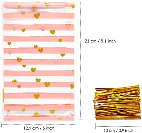 JOERSH 100 Pack Treat Bags, Pink Heart Cellophane Bags, Bottom Gusset Clear Plastic Candy Cookie Gift Goodie Snack Bag with Twist Ties for Party Favor Supplies