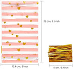 JOERSH 100 Pack Treat Bags, Pink Heart Cellophane Bags, Bottom Gusset Clear Plastic Candy Cookie Gift Goodie Snack Bag with Twist Ties for Party Favor Supplies