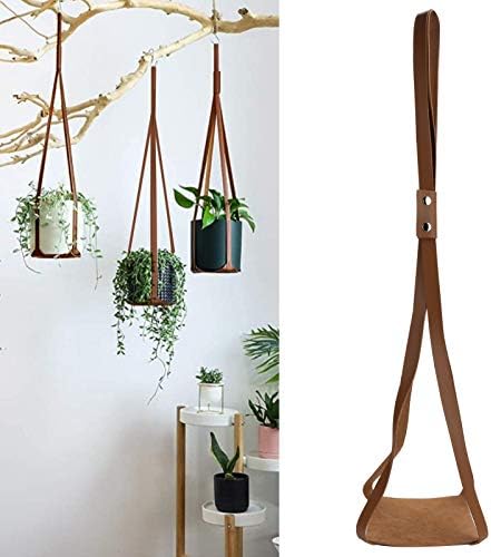 PU Leather Plant Hanger Planter Flower Pot Hanging Holder Home Decor Garden Decoration (Brown Square Bottom)