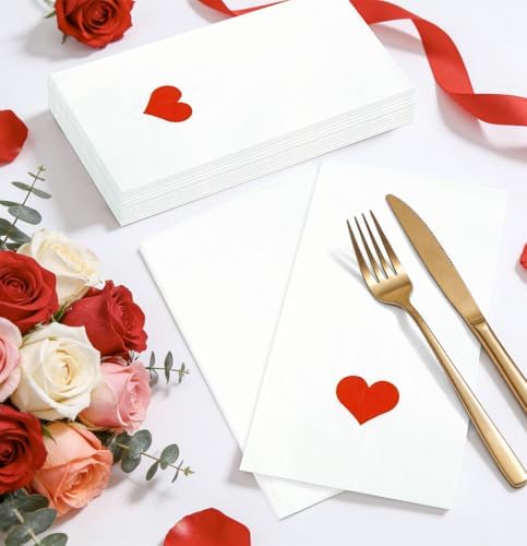 HEIPINIUYE 25 Pieces Valentine Paper Napkins 3-ply White and Red Valentines Heart Guest Napkins Disposable Hand Towels for Bathroom Wedding Valentine's Day Love Party Dinner Napkin
