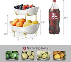 2 Tier Ceramic Fruit Bowl for Kitchen Counter – Fruit Basket with Gold Metal Stand, Holder for Snacks, Nuts, Cakes, Desserts, Bread, Candy Storage