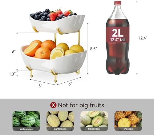 2 Tier Ceramic Fruit Bowl for Kitchen Counter – Fruit Basket with Gold Metal Stand, Holder for Snacks, Nuts, Cakes, Desserts, Bread, Candy Storage