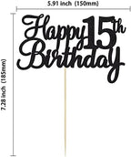 Gyufise 1Pc Black Happy 15th Birthday Cake Topper Glitter 15th Birthday Cake Pick Cheers to 15 Years Old Fifteen Fabulous Cake Decorations for 15th Birthday Theme Party Supplies