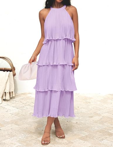 ZESICA Women's 2026 Summer Sleeveless Halter Neck Ruffle Tiered Layed Chiffon Flowy Swing Long Midi Dress